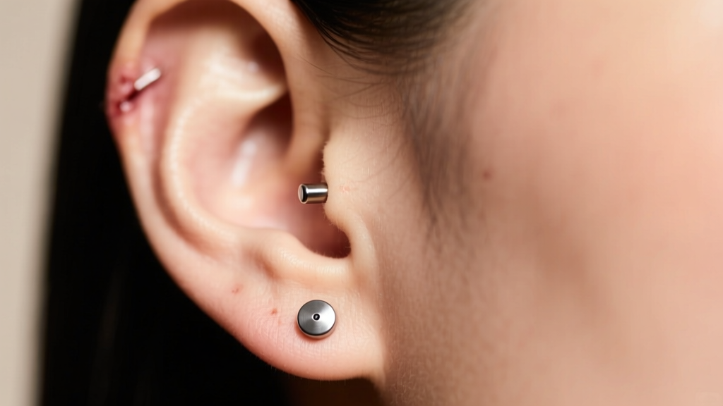 Close-up of healed earlobe piercing wearing flat-back titanium labret, soft studio lighting, clean skin with no redness or bumps.