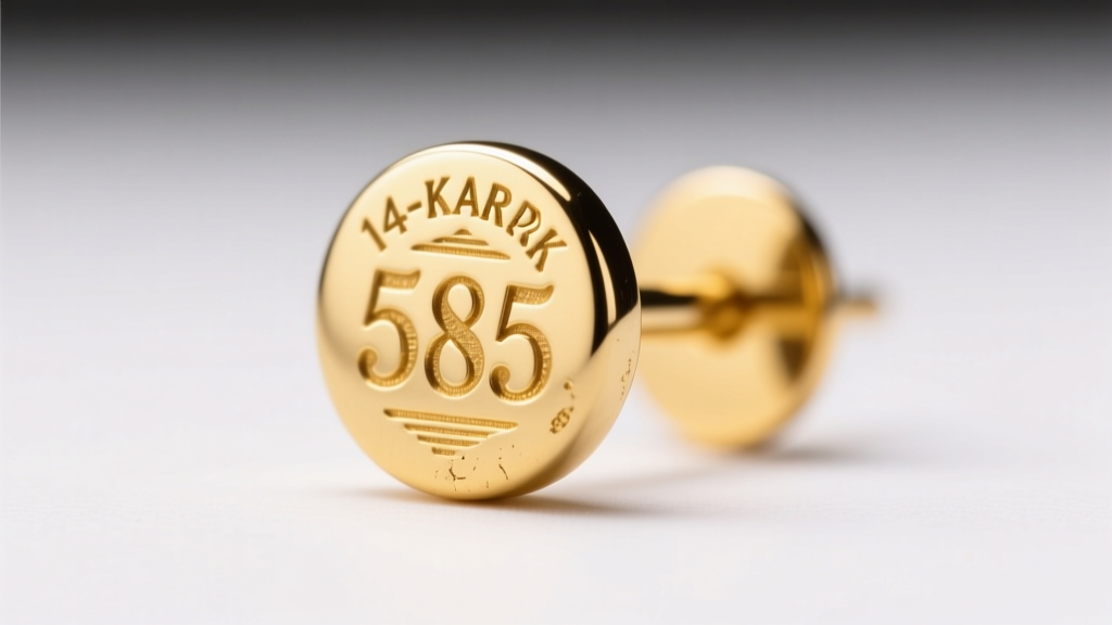 Extreme macro photograph showing the tiny 585 hallmark stamp engraved on the post of a small 14-karat yellow gold stud earring