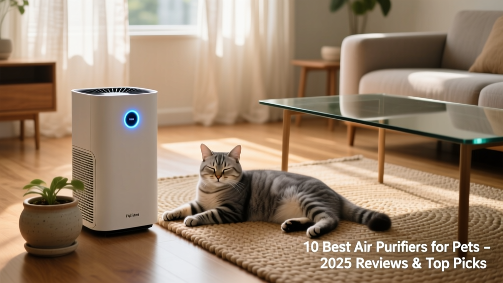 A modern air purifier operating quietly in a living room with a cat lounging nearby