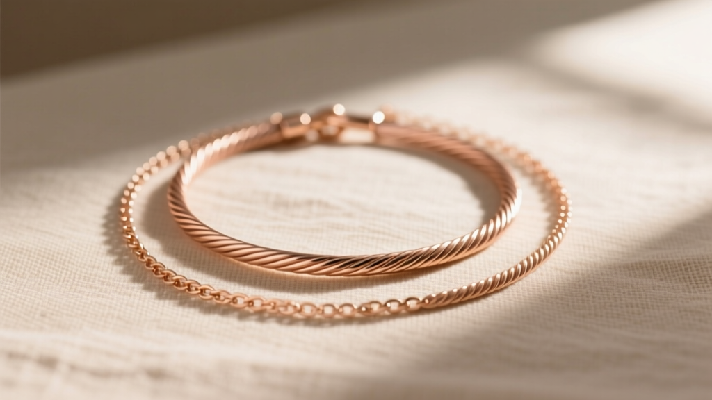 14k rose gold plated cable necklace set layered on beige linen, soft natural window light, elegant minimalist jewelry styling