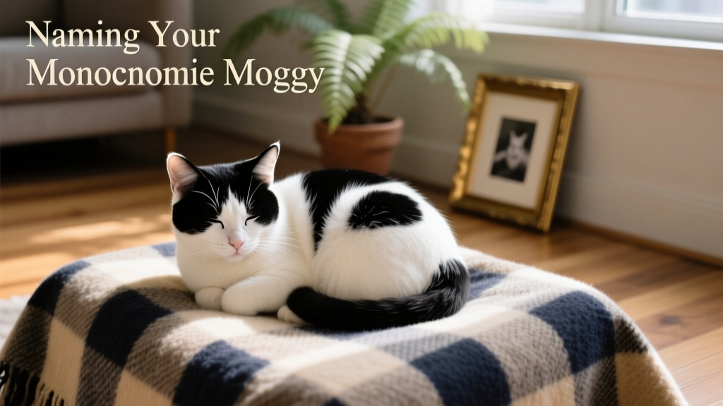 A spotty black and white cat curled up on a checkered blanket, eyes half-closed in contentment