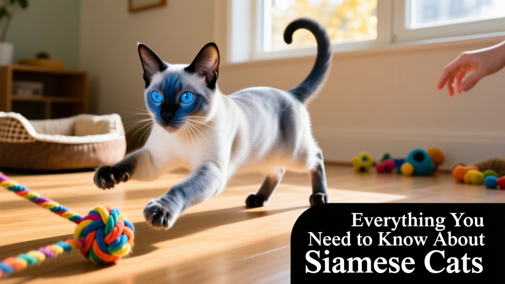 A young Siamese cat playing with a toy