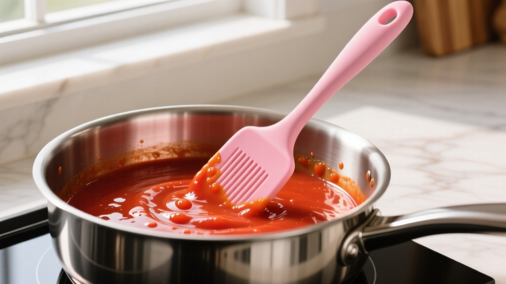 GIR pink silicone spatula stirring vibrant tomato sauce in a 5-ply stainless steel saucepan, demonstrating heat resistance and color stability