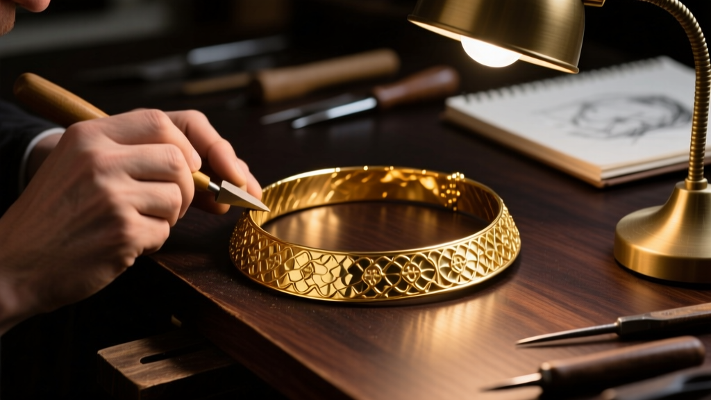 Jeweler polishing a heavy, textured 14k gold collar necklace with a microfiber cloth on a dark wooden workbench under warm light