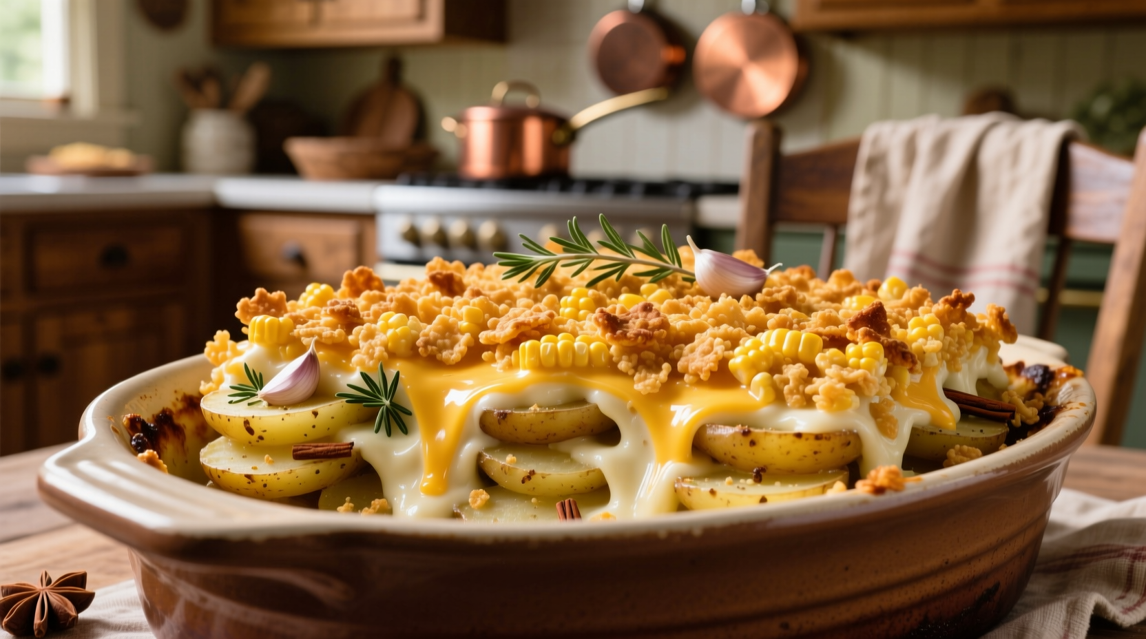 Golden brown potato casserole with crispy corn flake topping