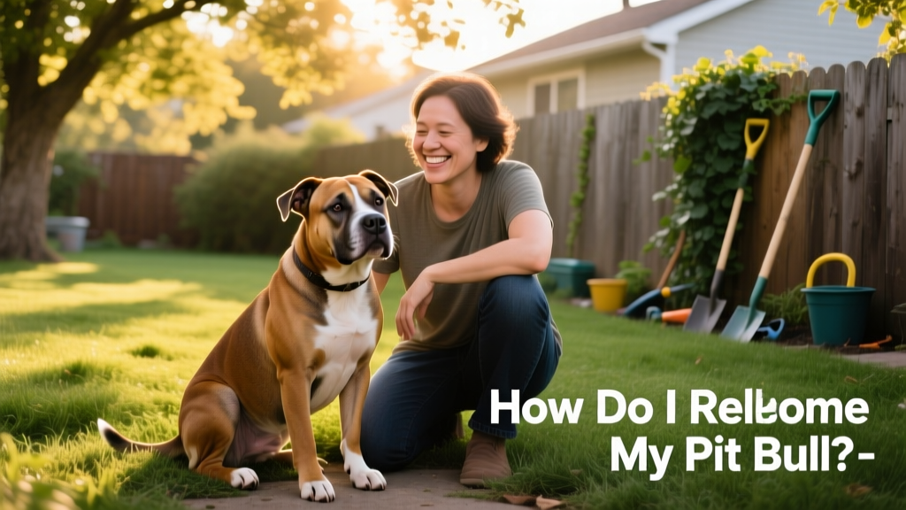 A calm, well-socialized pit bull sitting beside a smiling adult in a sunny backyard