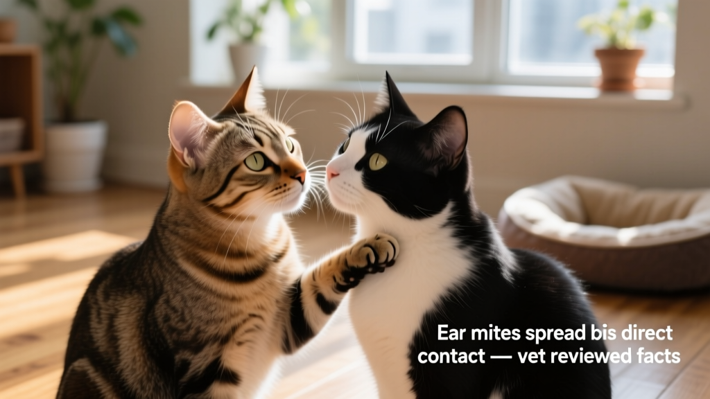 Two cats grooming each other closely, illustrating how ear mites transmit through direct contact