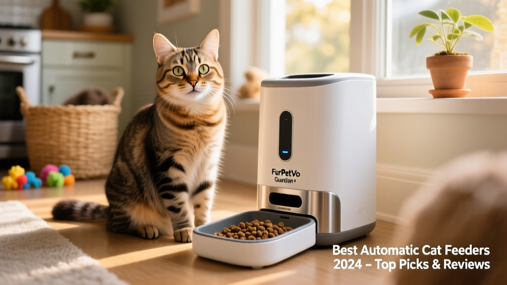 Happy cat sitting beside a FurPetVo Guardian+ feeder with camera lens visible and treat tray extended