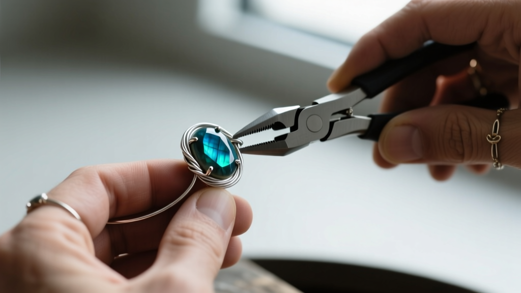 Jeweler hands using nylon jaw pliers to bend 20-gauge half-hard sterling silver wire around a faceted labradorite cabochon