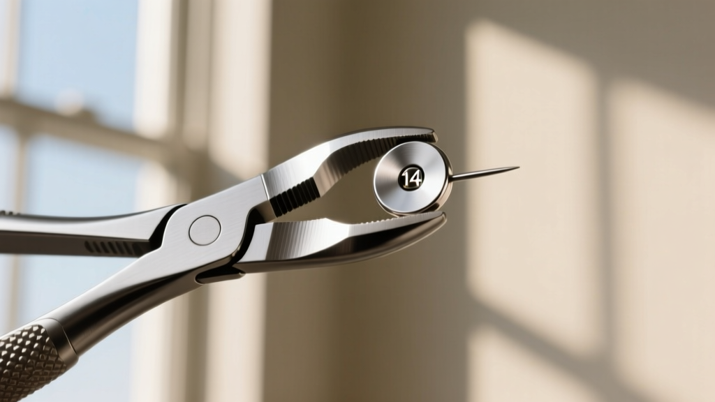 Steel hemostats clamping the flat disc of a 14g titanium earring to provide leverage for safe piercing removal under bright light