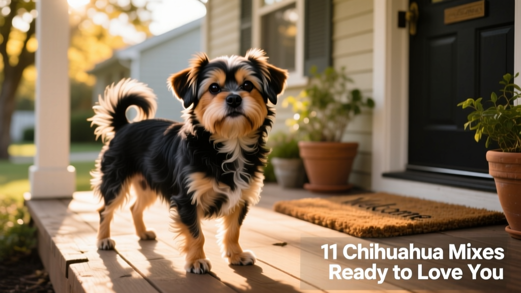 Shichi, Shih Tzu Chihuahua mix, standing on front porch