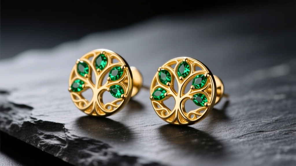 Macro shot of 14k yellow gold tree of life stud earrings with tiny emerald leaves on dark slate under soft studio lighting