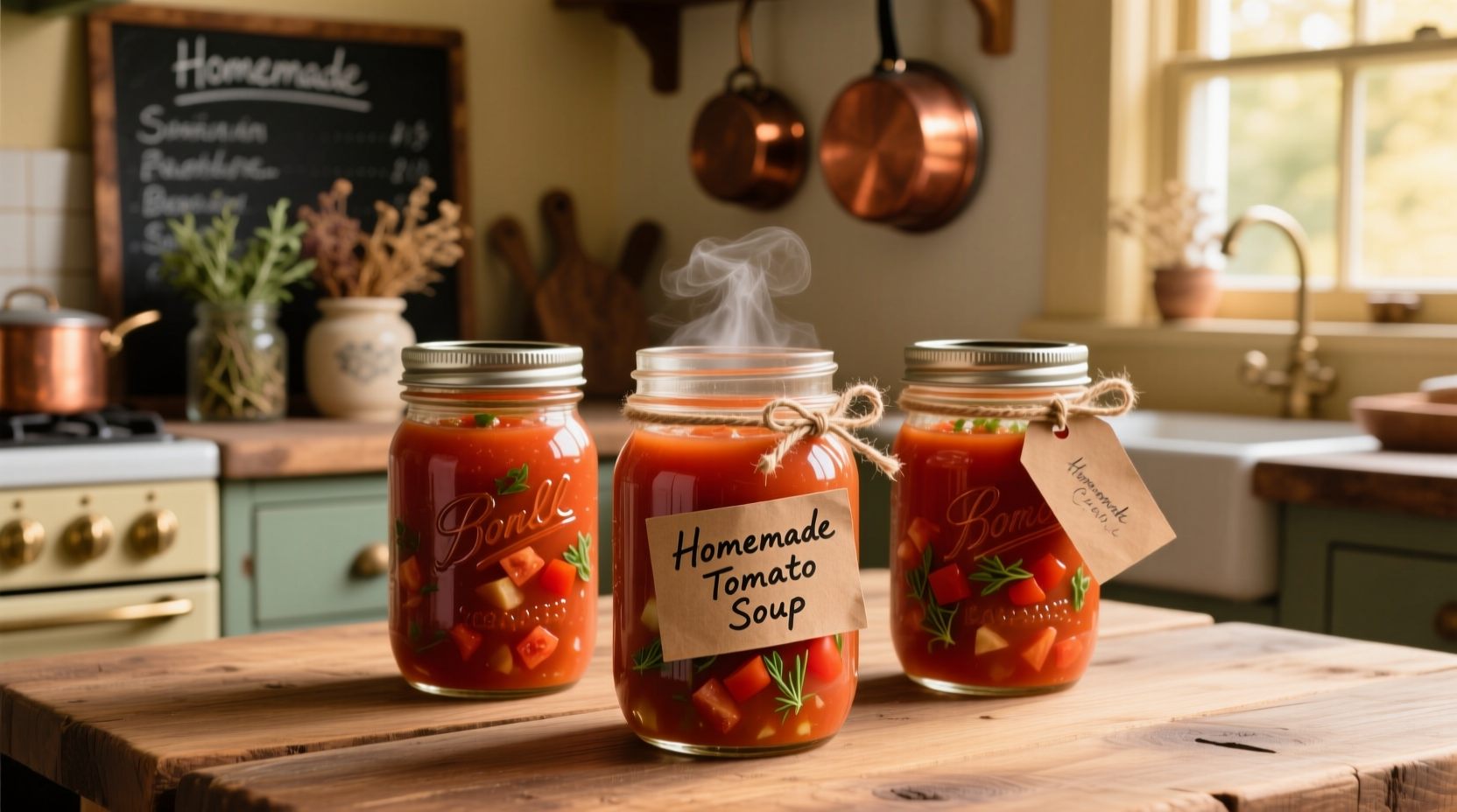 Homemade canned tomato soup in mason jars