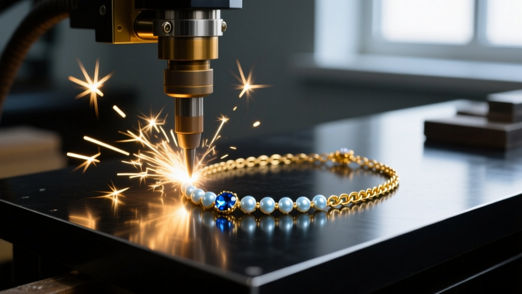 Laser welder fixing a 14k gold chain on a light blue necklace, with bright sparks against a dimly lit jewelry workbench.
