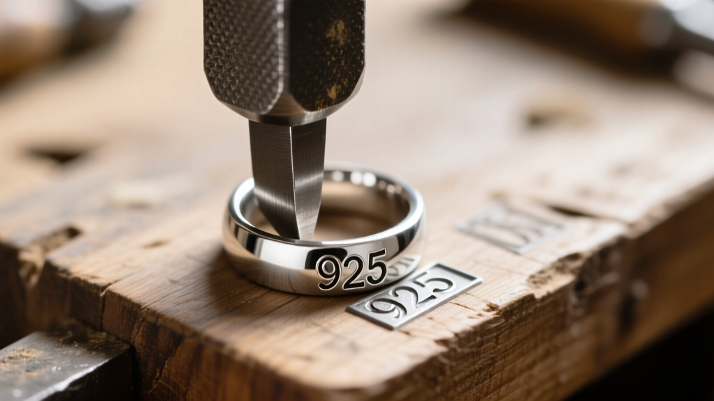 A 925 hallmark stamp pressed into a polished sterling silver ring inner band using a steel punch on a wooden bench.