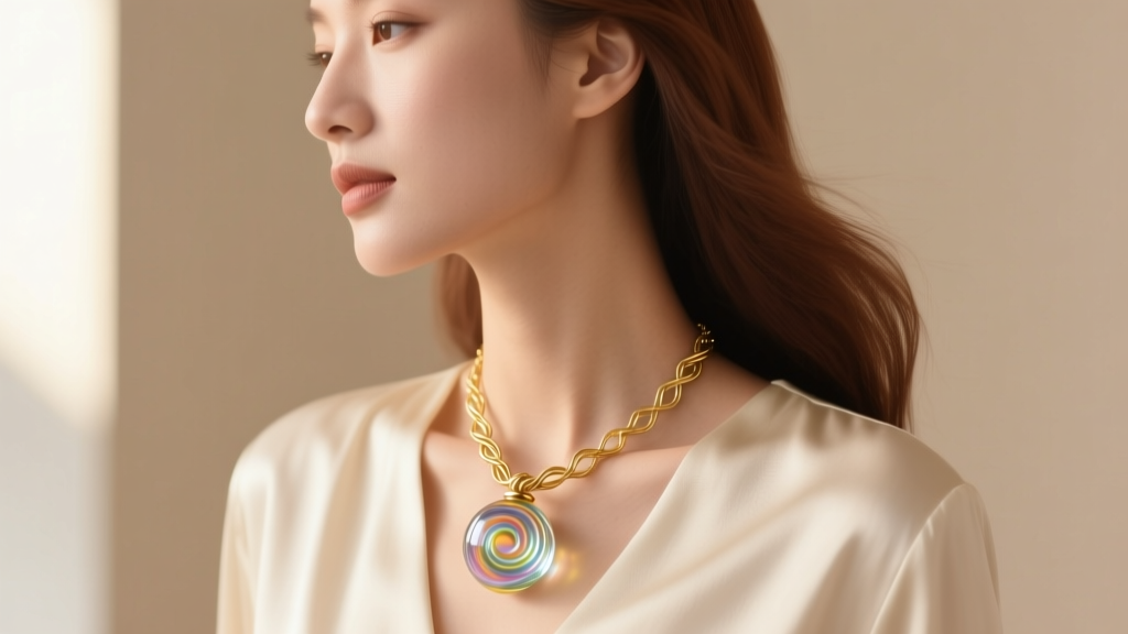Side profile of a woman wearing a delicate 14k gold wire-wrapped Murano glass necklace bubble pendant against a cream silk blouse