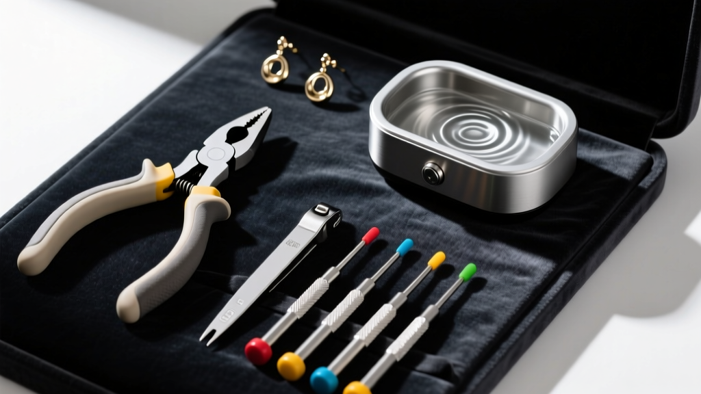 Flat lay of earring tools including nylon jaw pliers, an ultrasonic cleaner, and micro screwdrivers on a dark velvet surface