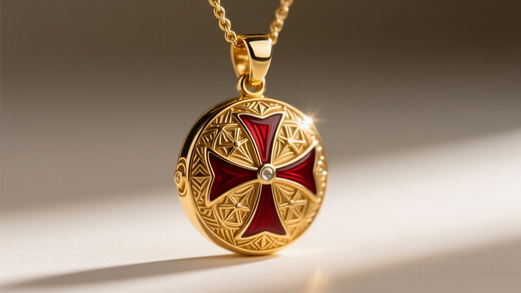 Close-up of a vintage 14k gold Knights of Malta necklace pendant featuring deep red vitreous enamel and intricate guilloche work.
