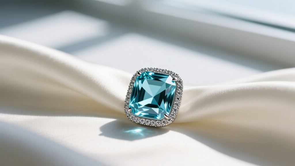 Macro shot of a bezel-set emerald-cut aquamarine pendant on silk fabric, highlighting its icy blue clarity and geometric facets