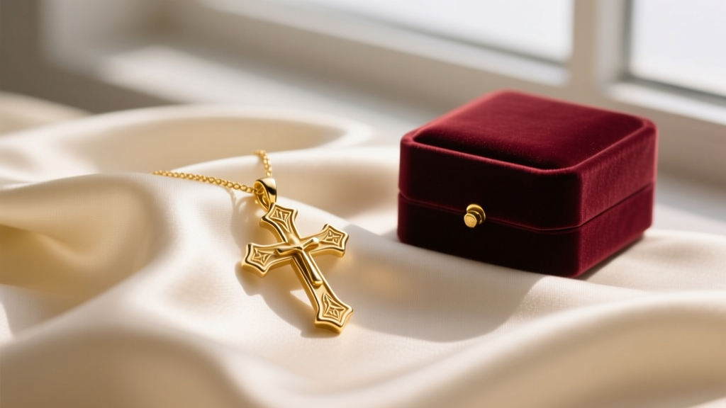 Delicate 14k yellow gold Latin cross pendant resting on cream silk fabric with soft natural lighting and a velvet gift box nearby.