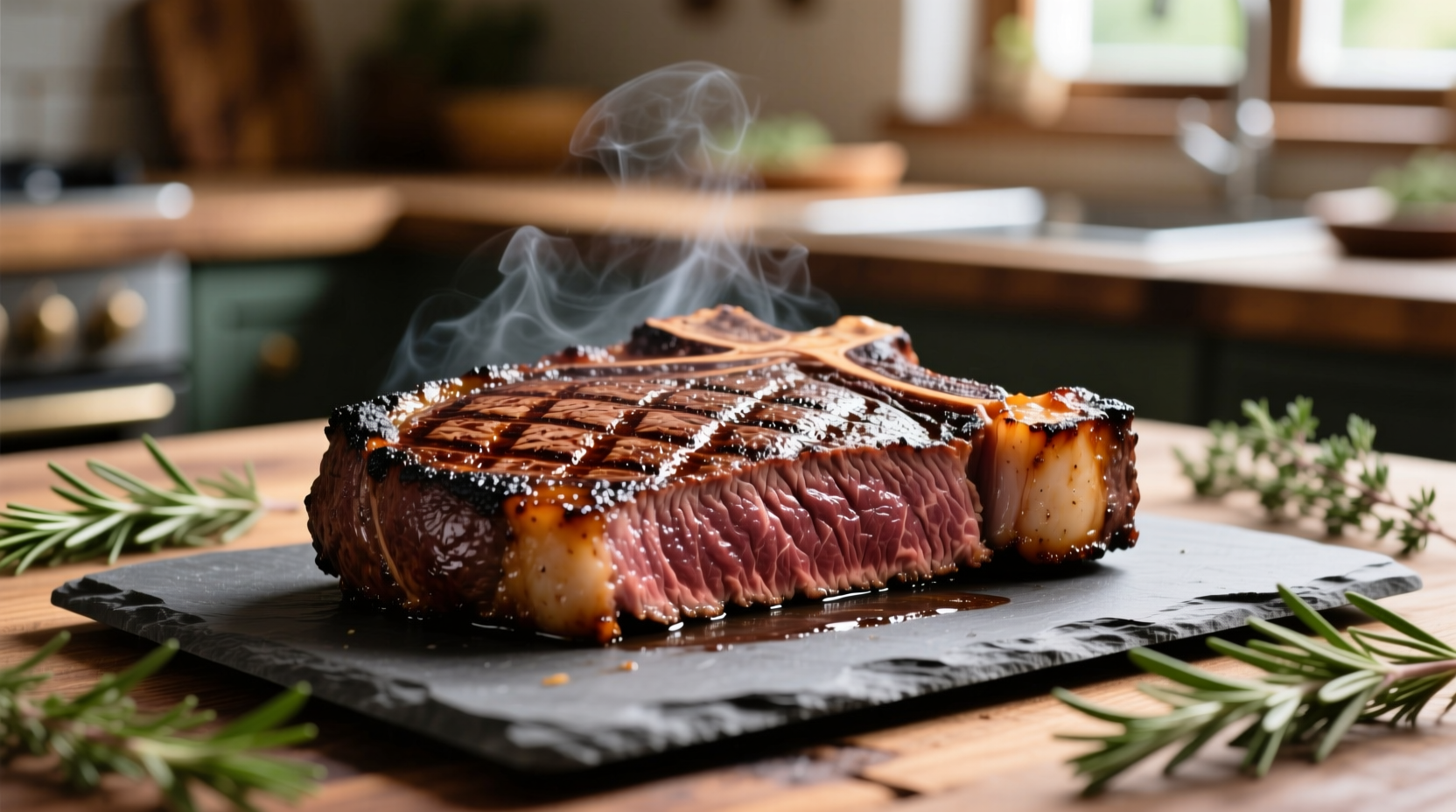 Perfectly seared porterhouse steak with charred crust