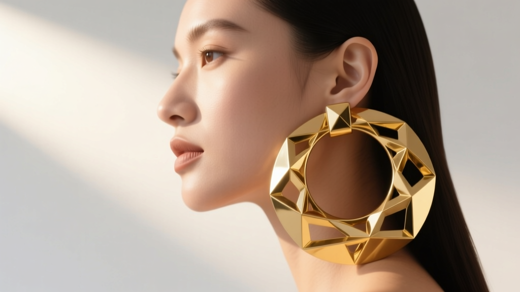 Side profile of a model wearing a massive 14k gold oversized structural hoop earring with wide negative space, soft sunlight