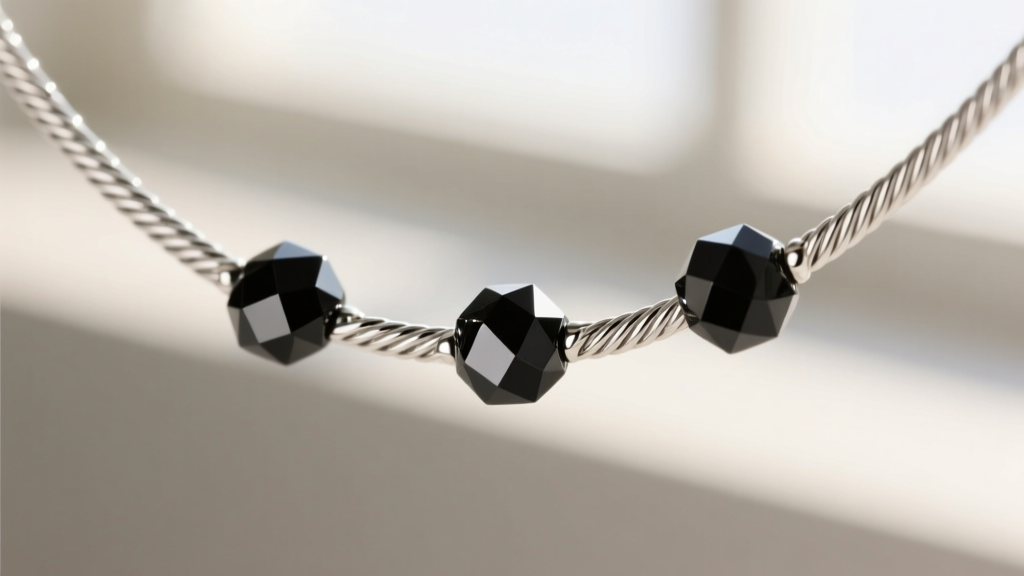 Macro shot of a 22-gauge sterling silver cable chain featuring 3mm faceted black onyx bead stations spaced evenly along the wire.