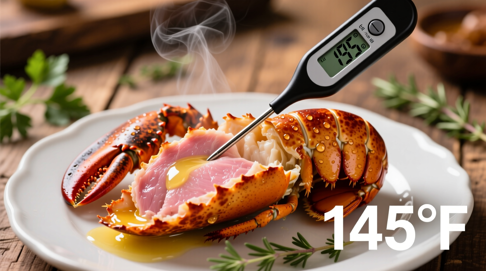 Digital thermometer measuring cooked lobster tail
