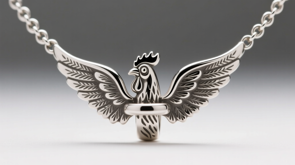 Macro photography of a sterling silver chicken wing necklace chain clasp, showing oxidation and intricate flat-link herringbone