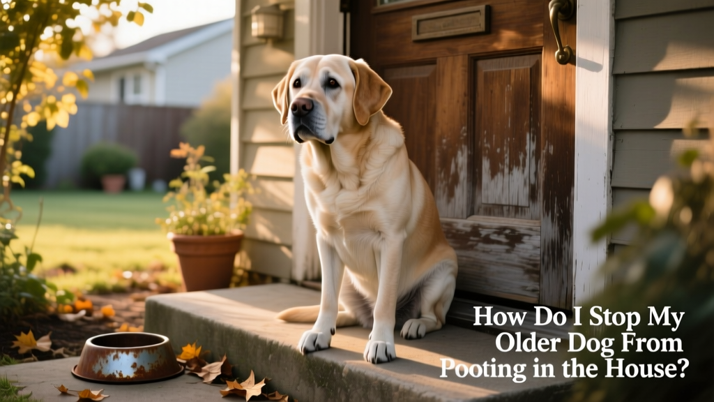 Senior Labrador sitting thoughtfully near a back door, looking slightly confused
