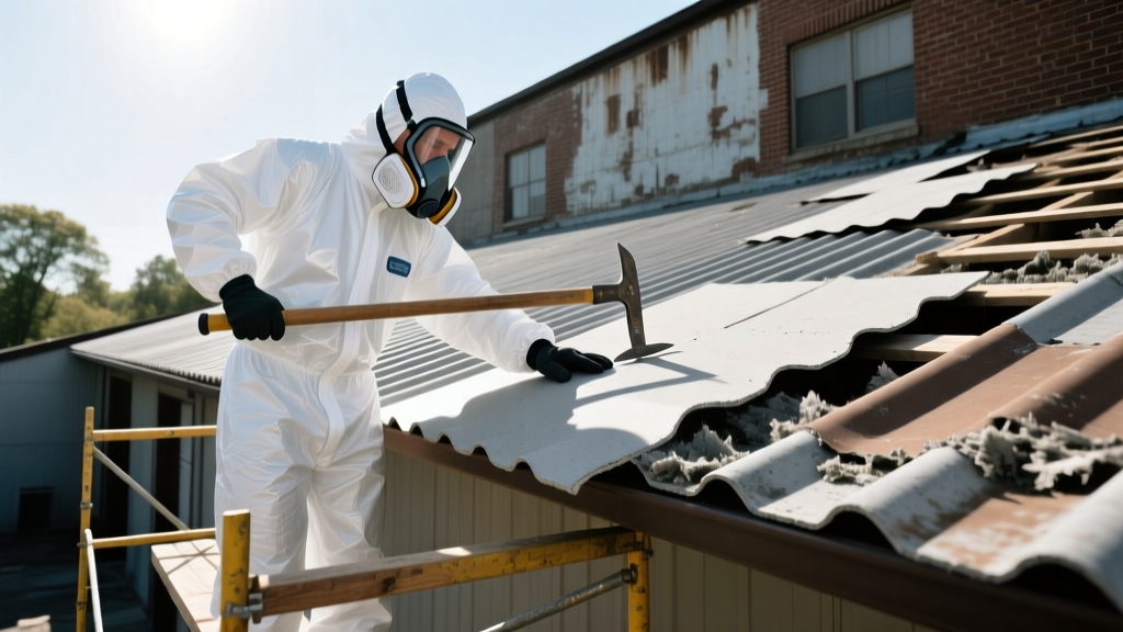 Certified asbestos abatement professional in white Tyvek suit and respirator carefully removing corrugated cement roofing sheets from a building.