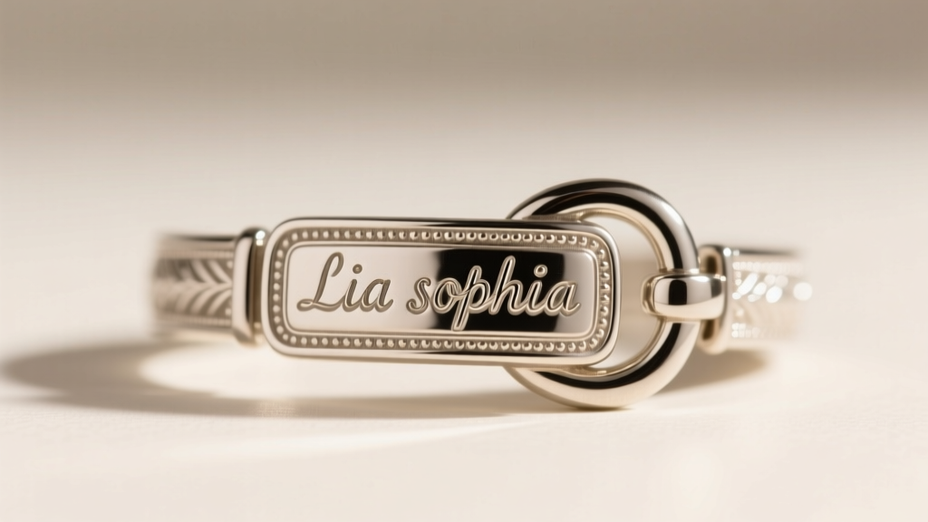 Macro close-up of a vintage Lia Sophia silver-tone toggle clasp showing the embossed lowercase lia sophia hallmark on the metal.