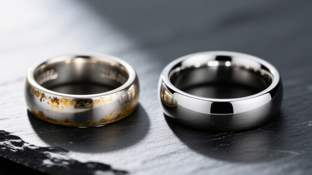 Side-by-side macro comparison of a tarnished sterling silver ring and a pristine 316L surgical steel ring resting on dark slate.