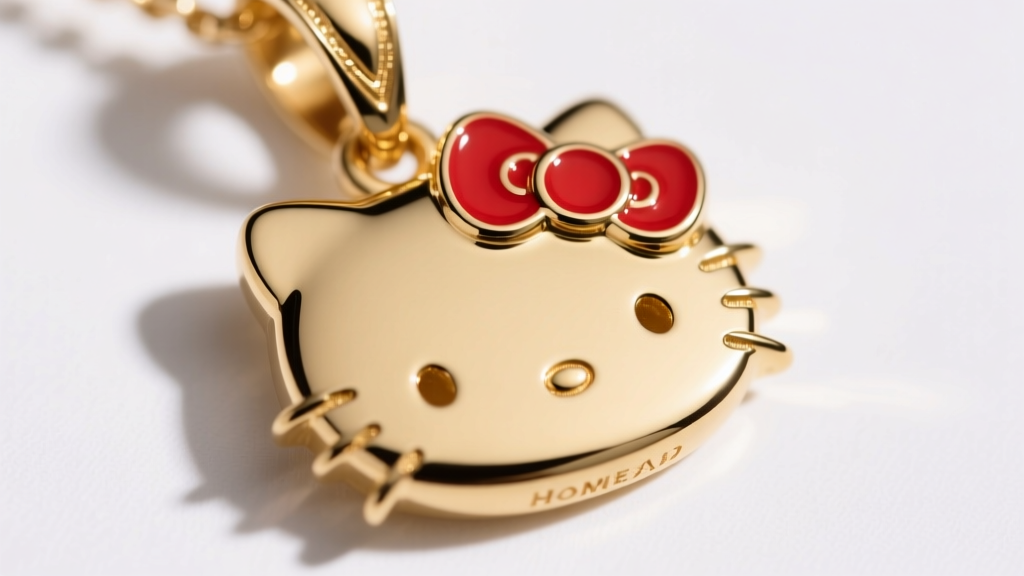 Close-up of 14k gold vermeil Hello Kitty pendant with red enamel bow, showing precise metal boundaries under bright studio light.
