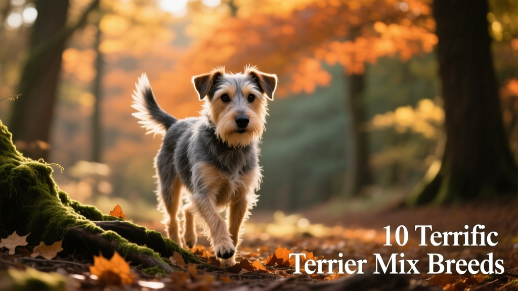 A scruffy terrier mix breed walking confidently through sun-dappled woods