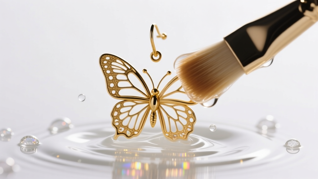 Macro view of a gold butterfly earring back in soapy water, gently scrubbed with a soft-bristled brush under bright studio lighting
