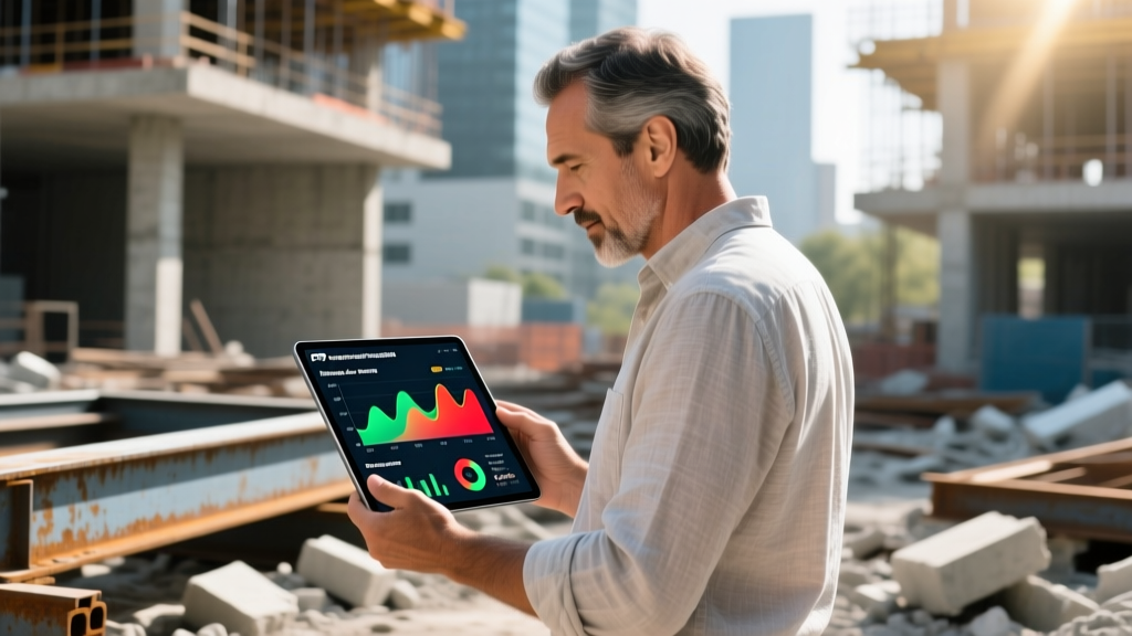 Architect reviewing an EPD dashboard showing embodied carbon metrics for recycled steel and concrete on a tablet at a construction site