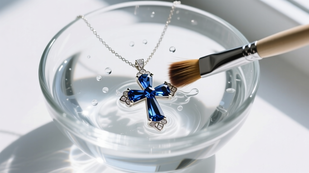 Overhead view of a sapphire cross necklace being cleaned in a glass bowl of distilled water and mild soap with a horsehair brush