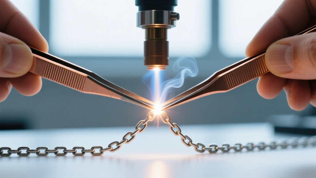 Close-up of hands using copper tweezers to hold a 1.5mm stainless chain under a micro-welder electrode with soft argon gas flow