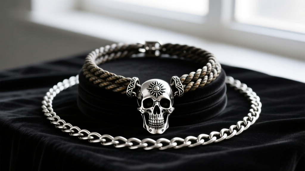 Gothic necklace stack with 14-inch oxidized rope choker and 22-inch heavy silver figaro chain featuring a carved memento mori skull