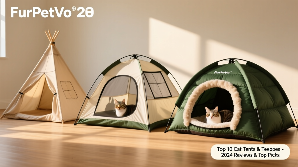 Three different FurPetVo cat tents arranged side-by-side: a minimalist canvas teepee, a collapsible dome tent with mesh windows, and a plush, insulated winter model
