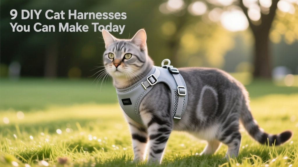 A close-up of a cat wearing a simple, adjustable nylon harness with quick-release buckles, standing calmly on grass
