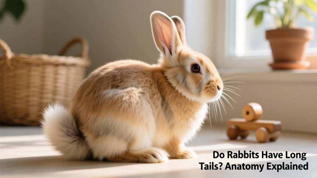 Side profile of a domestic rabbit showing its compact, fluffy tail curled close to its hindquarters