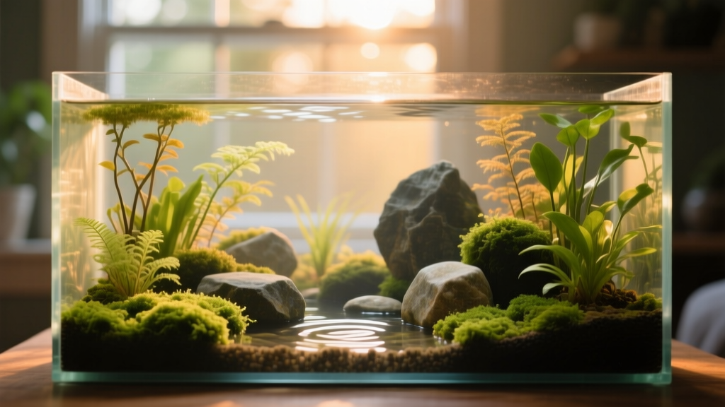 A beautifully composed aquascape showing layered plants, hardscape stones arranged using the Rule of Thirds, and clear water