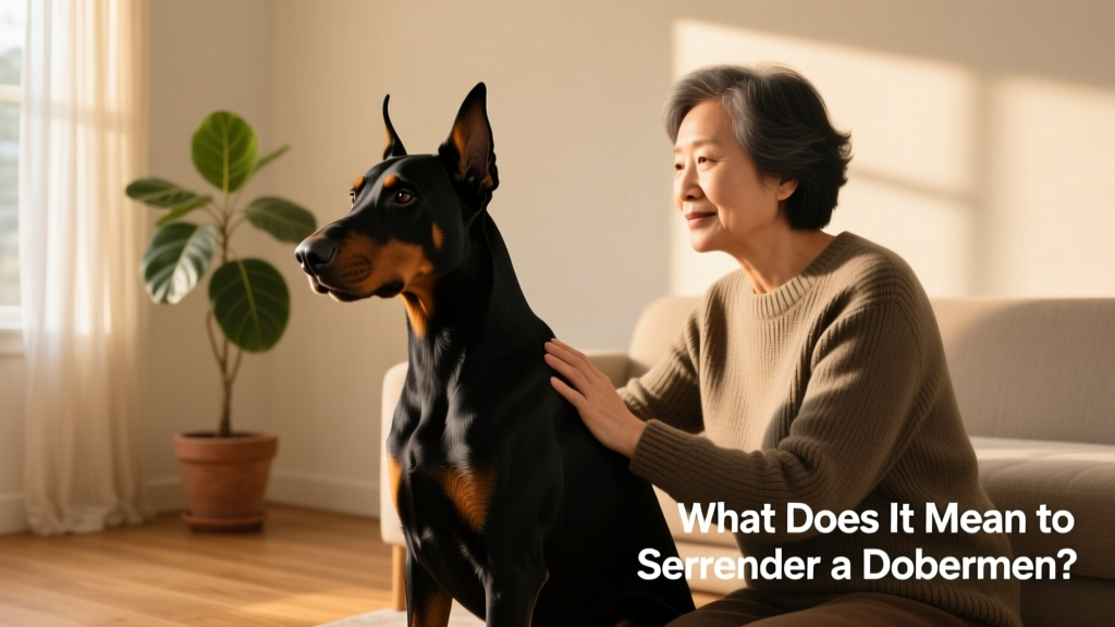 A calm, well-groomed Doberman Pinscher sitting beside a person in a quiet home setting