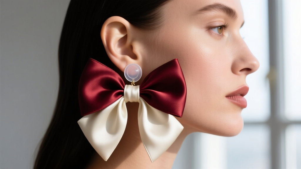 Earlobe wearing a heavy silk big bow earring, supported by a clear medical-grade silicone patch to prevent tissue stretching.