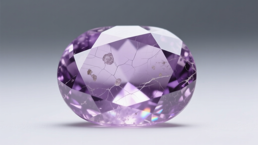 Close-up of a scratched amethyst jewelry stone showing surface cloudiness and pale purple fading under bright diffused lighting