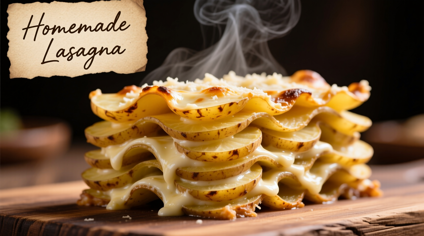 Thinly sliced potatoes arranged in lasagna layers