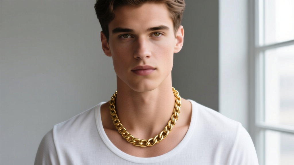 A man wearing a 15mm gold Cuban link necklace over a white t-shirt, showing ideal collarbone placement and a heavy, natural drape.