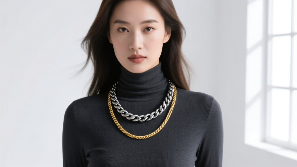 Woman wearing a layered stack featuring an 8mm steel rope chain and a 3mm gold vermeil cable chain over a dark turtleneck top
